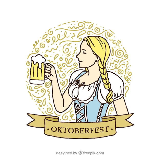 Free vector girl background with traditional oktoberfest dress and a beer