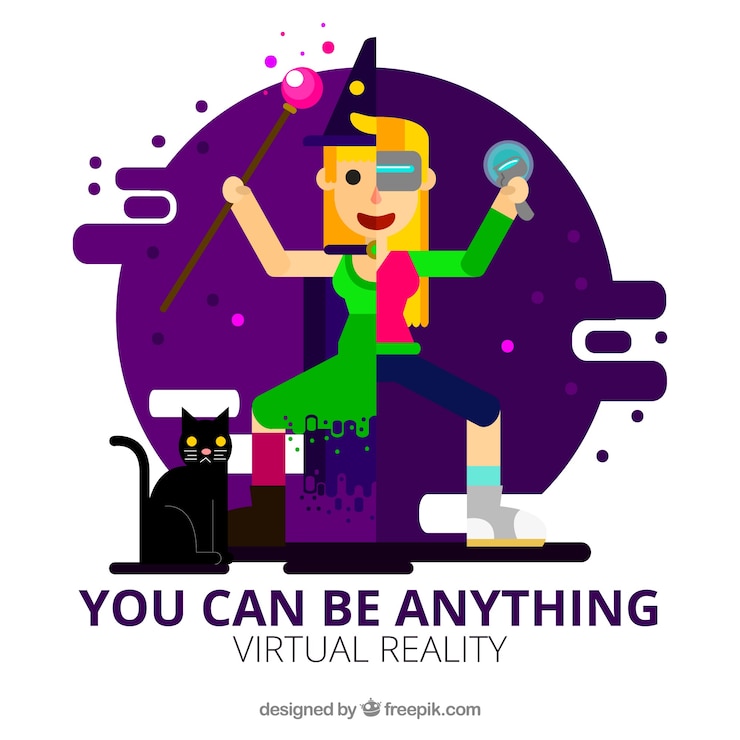 Free Vector girl background with virtual reality game in flat design