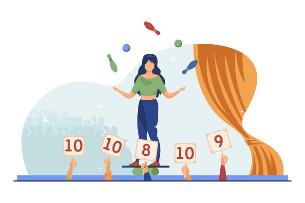Girl balancing and juggling with balls and skittles. Judges rising signs with scores flat vector illustration. Talent show, performance