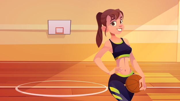 Бесплатное векторное изображение Баскетболист девушка позирует на крытом корте с мячом в руке и подбоченясь. подходит спортсменка в средней школе или спортивной арене гимназии колледжа для командной игры с обручем, векторные иллюстрации шаржа