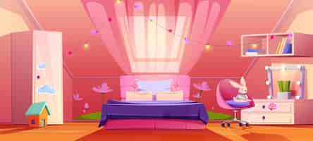 Free vector girl bedroom interior on attic cute mansard room