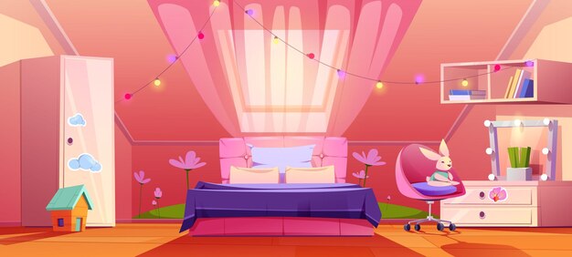 girl bedroom interior on attic cute mansard room