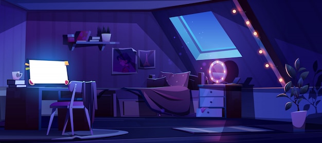 Girl bedroom interior on attic at night