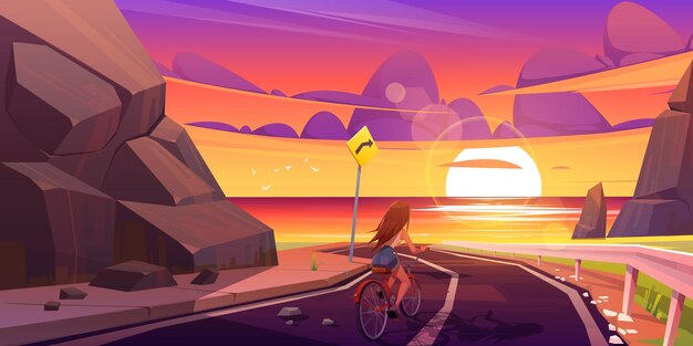 Девушка на велосипеде, езда по горной дороге на морской пейзаж