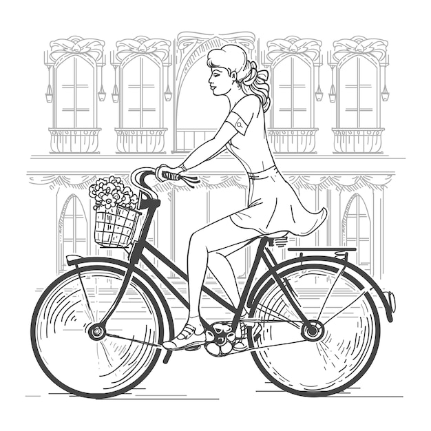 파리의 여자 자전거. 레저 젊은 여자, 도시 여행, 패션 도시. 손으로 그린 파리 벡터 일러스트 레이 션에 아름 다운 소녀