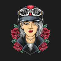 Free vector girl biker with roses and leather jacket