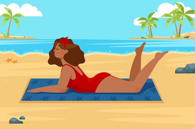 Девушка в бикини на пляже иллюстрации