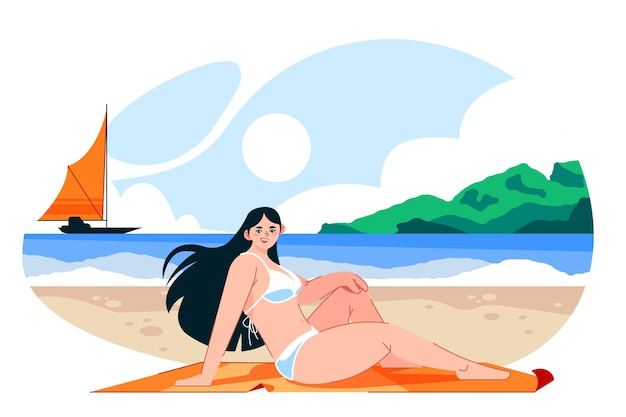 Девушка в бикини на пляже иллюстрации