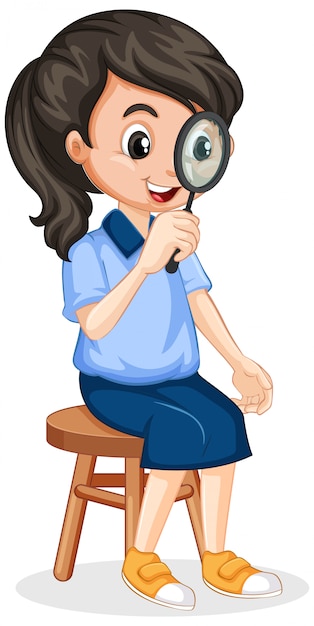 Girl in blue shirt looking through magnifying glass