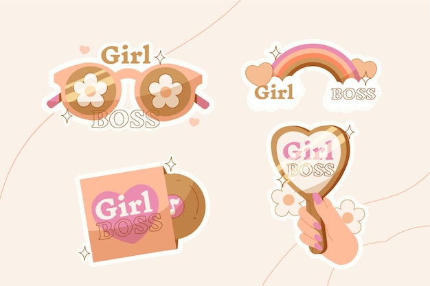 Free vector girl boss sticker set