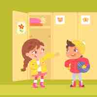 Free vector girl and boy changing clothes at lockers in kindergarten little boy with ball and girl putting on coat locker with open door