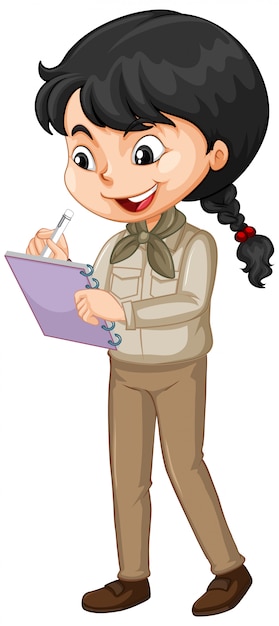 Girl in brown uniform writing on white background