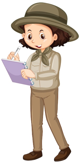 Girl in brown unifrom writing on white background