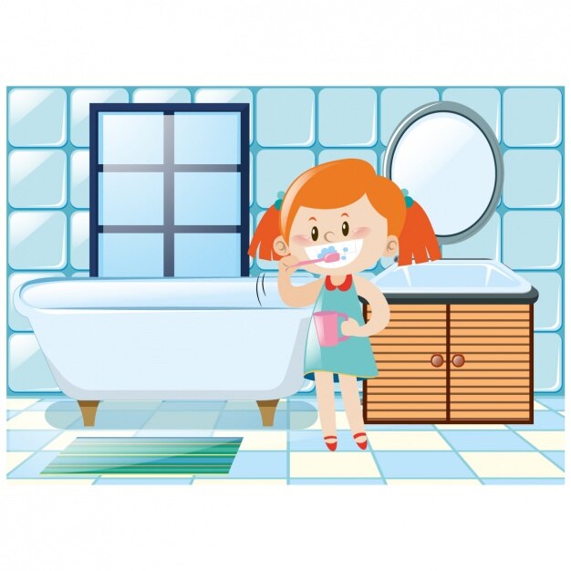 Free Vector girl brushing her teeth in the bathroom