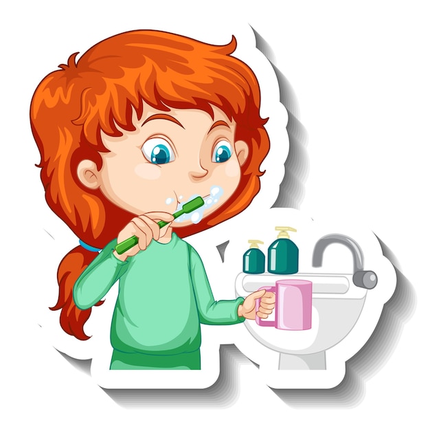 A girl brushing teeth cartoon character sticker