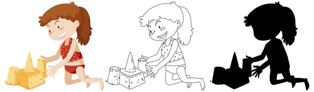 Girl building sand castle in color and in outline and silhouette