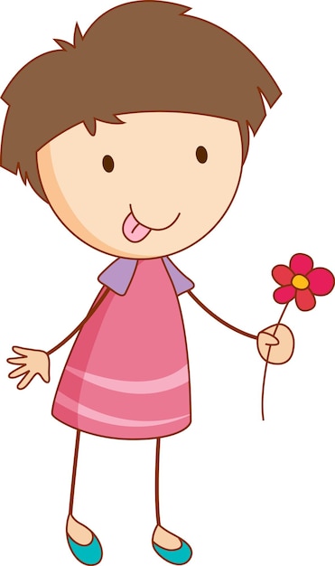 A girl cartoon character holding a flower in doodle style isolated