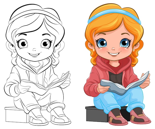 Free vector girl cartoon reading book isolated and its doodle outline