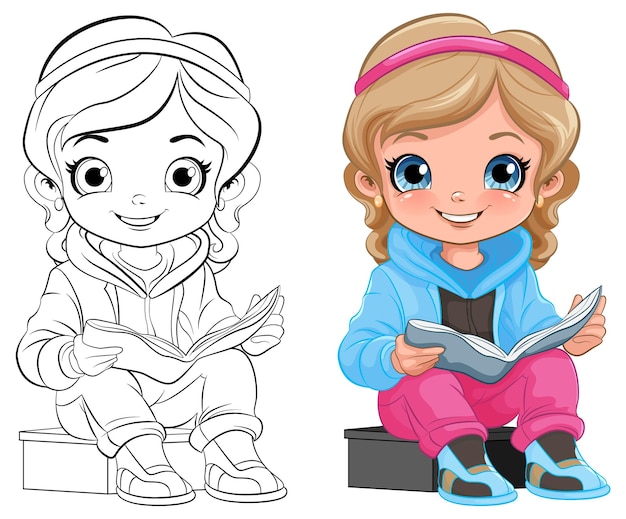 Free vector girl cartoon reading book isolated and its doodle outline