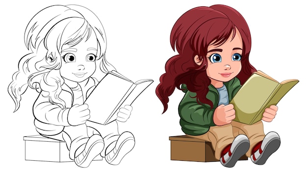 Free vector girl cartoon reading book isolated and its doodle outline