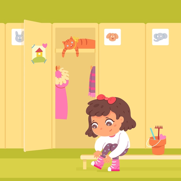 Free vector girl changing clothes at lockers in kindergarten little kid sitting on bench and putting on boots locker with open door preschool children