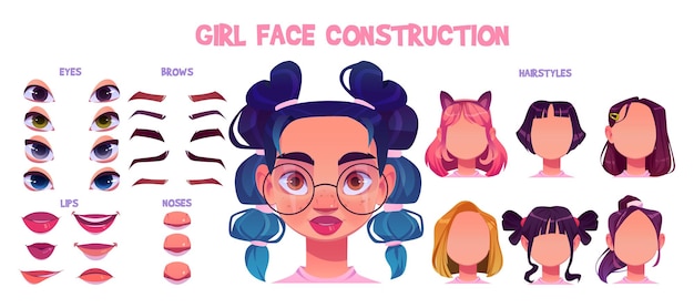 Free vector girl character face avatar construction for animation isolated female mouth brow lips nose and hairstyle set to create young person generator for lady with brunette ponytail or blue kanekalon