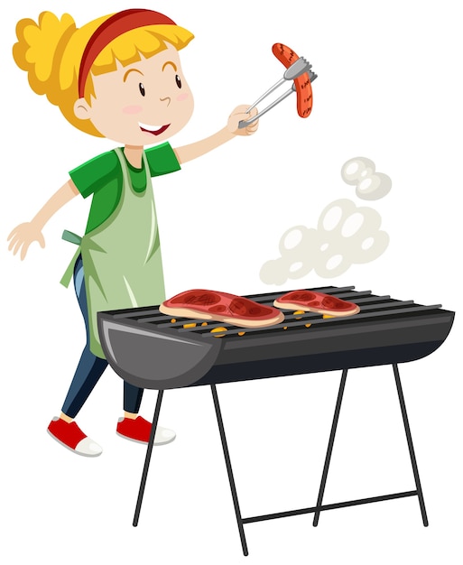 Free vector girl cooking grill steak cartoon style isolated on white background