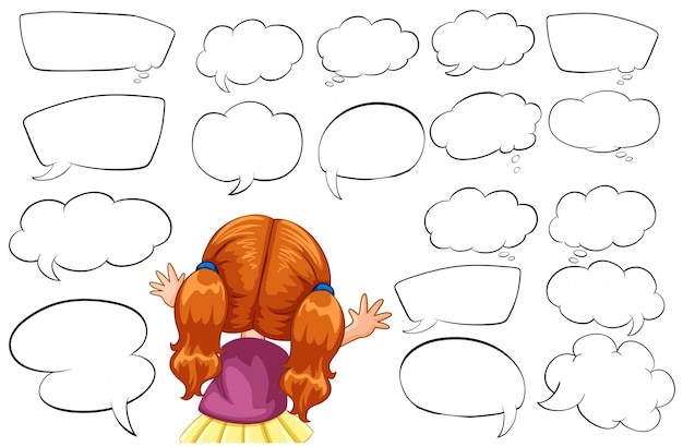 Free vector girl and different shapes of speech bubbles illustration