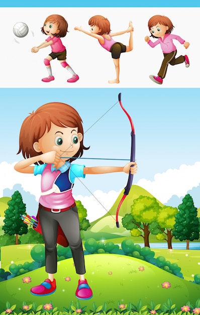 Free vector girl doing archery and other sports illustration