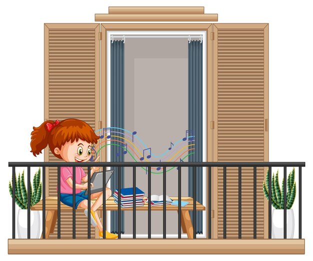 Una ragazza che fa i compiti sul balcone