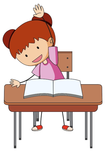 A girl doing homework doodle cartoon character