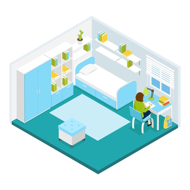 Free vector girl doing homework isometric