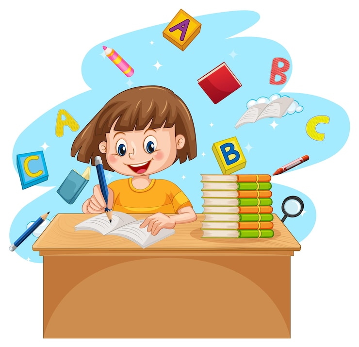 मुफ़्त वेक्टर a girl doing homework with books on white background