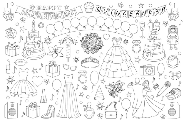 Girl doodle set objects and elements for birthdays quinceanera party and graduation ball Premium Vector