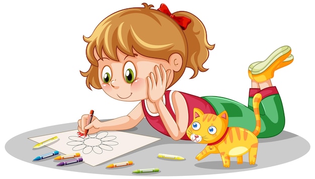 Girl drawing flower on white background