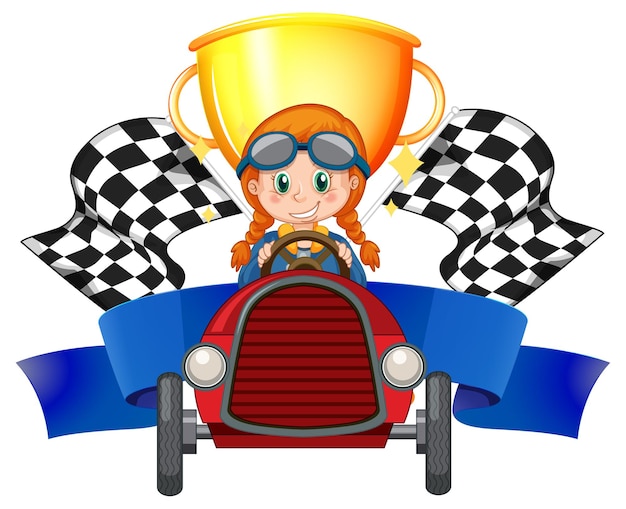 Girl driver with trophy and race flag