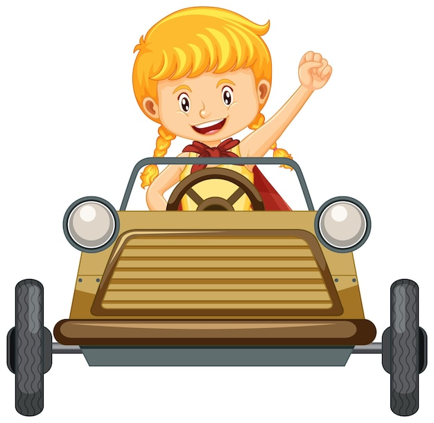 Free vector a girl driving mini car toy on white background