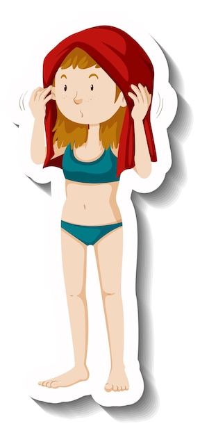 Girl drying her hair with a towel cartoon character sticker