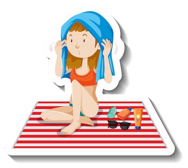 Girl drying her hair with a towel cartoon character sticker