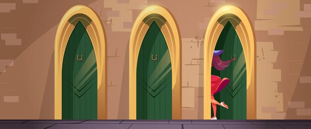 girl enter into antique door, woman tourist visiting arabic country, choose way. three fairy tale or medieval arched vintage entrances with green wooden and gold doorways, cartoon vector illustration