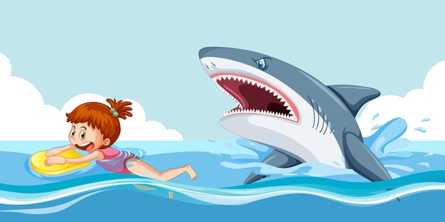 A girl escaping from aggressive shark