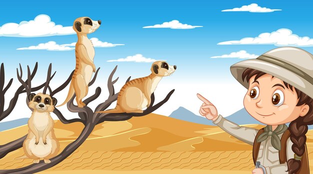 A girl explorer with meerkat group in desert forest