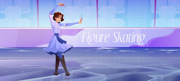 Girl figure skating on ice rink young woman skater in dress dance perform show program on indoor sports arena with tribunes Individual acrobatic dancing winter sport Cartoon vector illustration