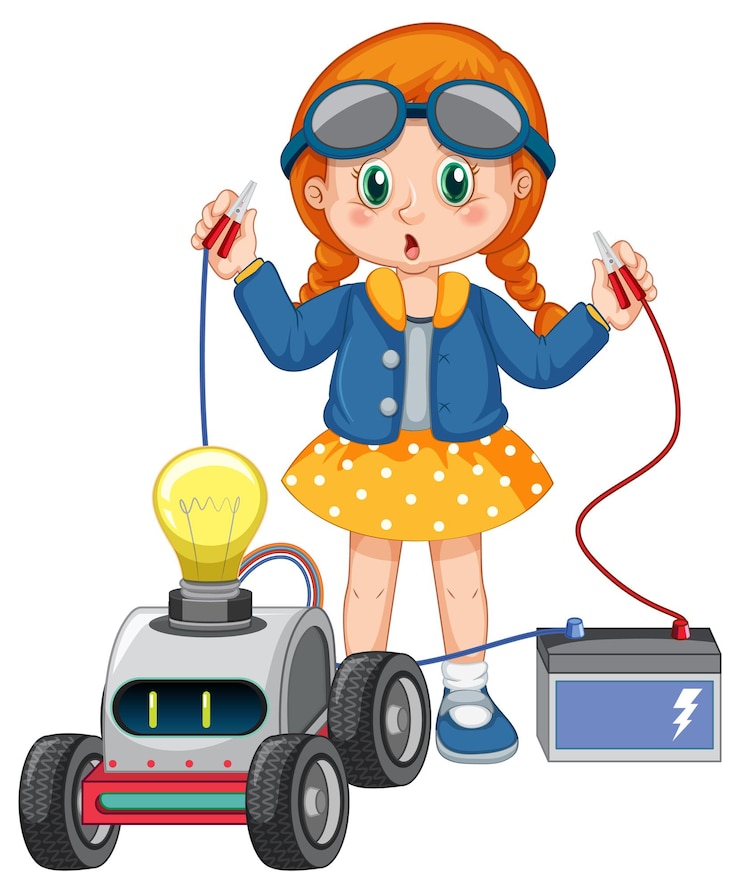 Free Vector a girl fixing toy car together on white background