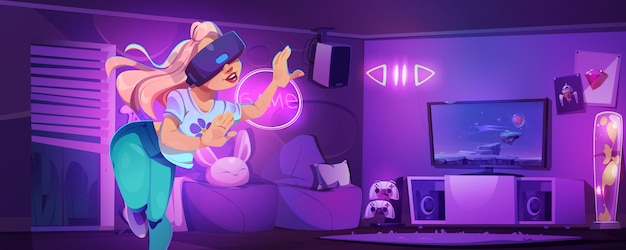 Бесплатное векторное изображение Девушка-геймер в гостиной играет в векторный мультфильм на фоне видеоигра на консоли с технологией виртуальной реальности фиолетовый дом с креслом телевизор подводит свет и играет на установке для девочек-подростков