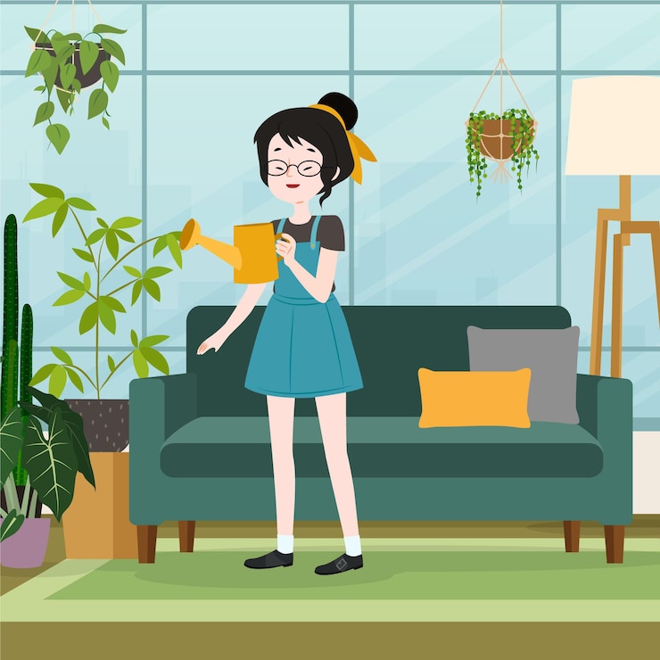मुफ़्त वेक्टर girl gardening at home illustrated