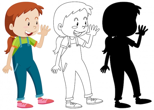 Free vector girl greeting someone posing with its outline and silhouette