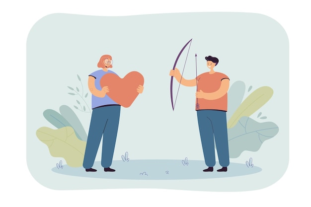 Free vector girl and guy holding giant heart, bow and arrows in hands. flat  illustration