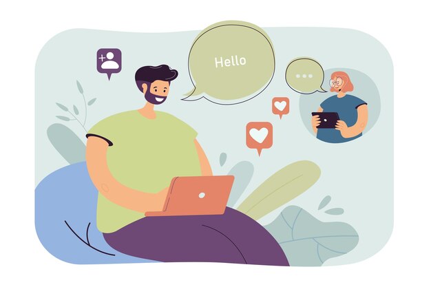 Girl and guy in love chatting online. Couple sending messages on social media. Cartoon illustration