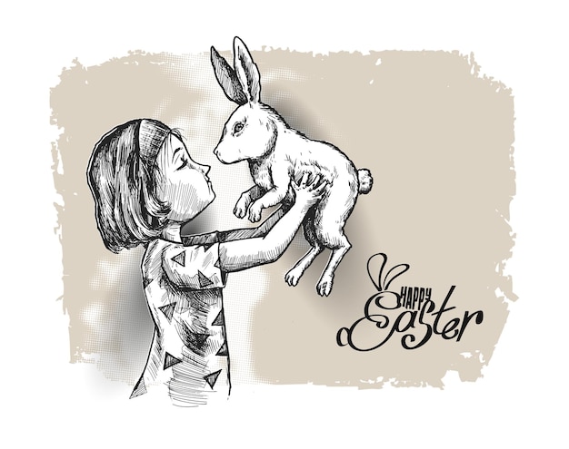 Mano della ragazza che tiene il coniglio di coniglietto di pasqua, illustrazione di vettore di schizzo disegnato a mano.
